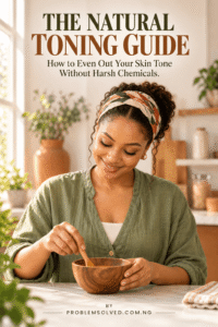 A smiling woman mixes ingredients in a wooden bowl at a kitchen counter, with text about a natural toning guide for skin care displayed above her.
