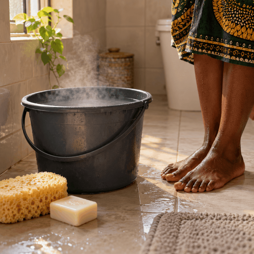Why Do My Heels Keep Cracking? 6 Reasons Behind Painful Heels 3 A person stands next to a steaming bucket of water on a bathroom floor with a sponge and soap to treat cracked heels.