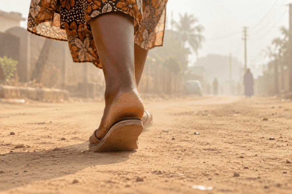 Why Do My Heels Keep Cracking? 6 Reasons Behind Painful Heels 4 A person with visible heel pain and cracked heels wears a patterned skirt and sandals while walking along a dusty, unpaved road.
