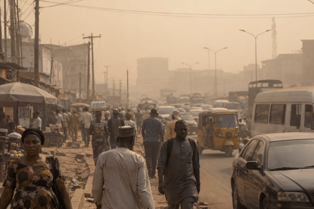 Harmattan Skin: 7 Everyday Habits That Are Making Your Dry Skin Worse 4 Pedestrians walk along a dusty, busy street filled with cars and a motorized rickshaw, conditions that highlight the need for consistent skincare habits during the Harmattan.