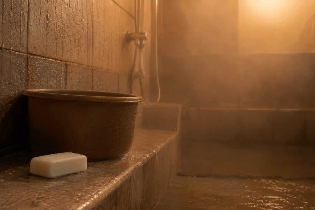 Harmattan Skin: 7 Everyday Habits That Are Making Your Dry Skin Worse 3 A bar of soap and a plastic basin sit on a stone ledge in a steam-filled bathhouse, essential tools for managing dry skin.