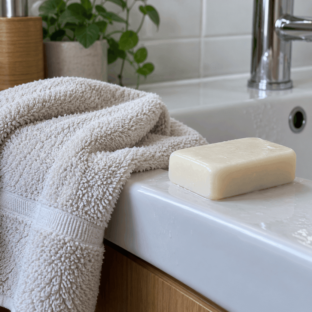 Why Is My Face So Oily by Afternoon? Causes in Hot, Humid Weather 3 A bar of soap for oily skin and a folded towel resting on a bathroom sink vanity.