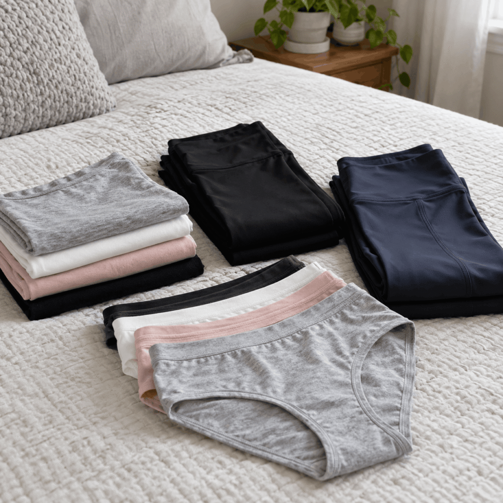 Why Are My Inner Thighs Dark? What Is Really Going On 3 Stacked piles of folded leggings and underwear in neutral colors on a bed, designed to comfortably accommodate skin discoloration and hyperpigmentation.