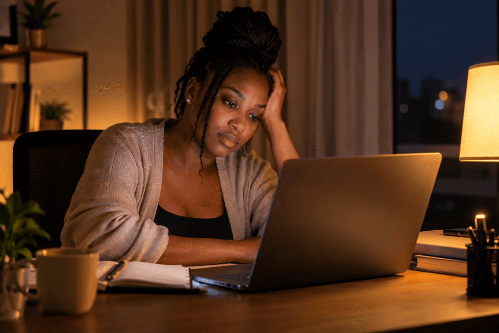 Why Is My Face So Oily by Afternoon? Causes in Hot, Humid Weather 4 A tired woman with oily skin sits at a desk, looking at a laptop late at night.