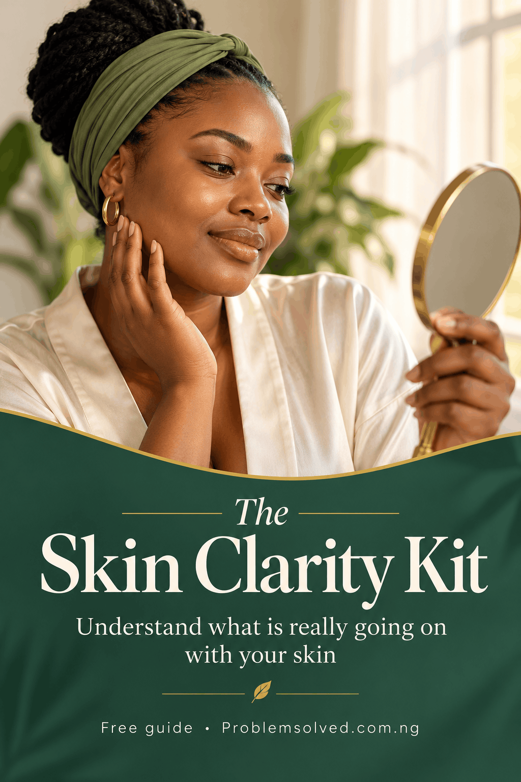 A woman in a robe and green headband looks into a hand mirror, above text reading “The Skin Clarity Kit: Understand what is really going on with your skin,” and the website Problemsolved.com.ng. A woman in a robe and green headband looks into a hand mirror, above text reading “The Skin Clarity Kit: Understand what is really going on with your skin,” and the website Problemsolved.com.ng.