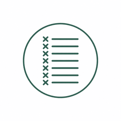 An icon showing a checklist with seven horizontal lines, each preceded by an X mark, inside a circle. An icon showing a checklist with seven horizontal lines, each preceded by an X mark, inside a circle.