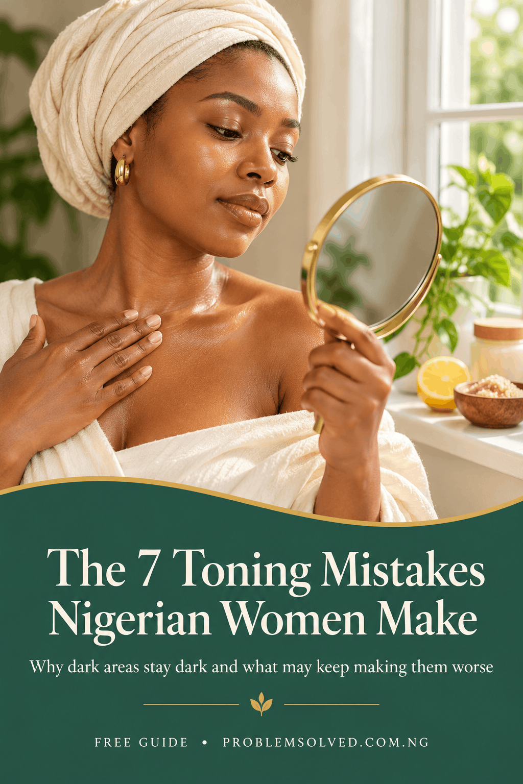 A woman in a towel wrap looks at her reflection in a hand mirror above text that reads, “The 7 Toning Mistakes Nigerian Women Make.” A woman in a towel wrap looks at her reflection in a hand mirror above text that reads, “The 7 Toning Mistakes Nigerian Women Make.”
