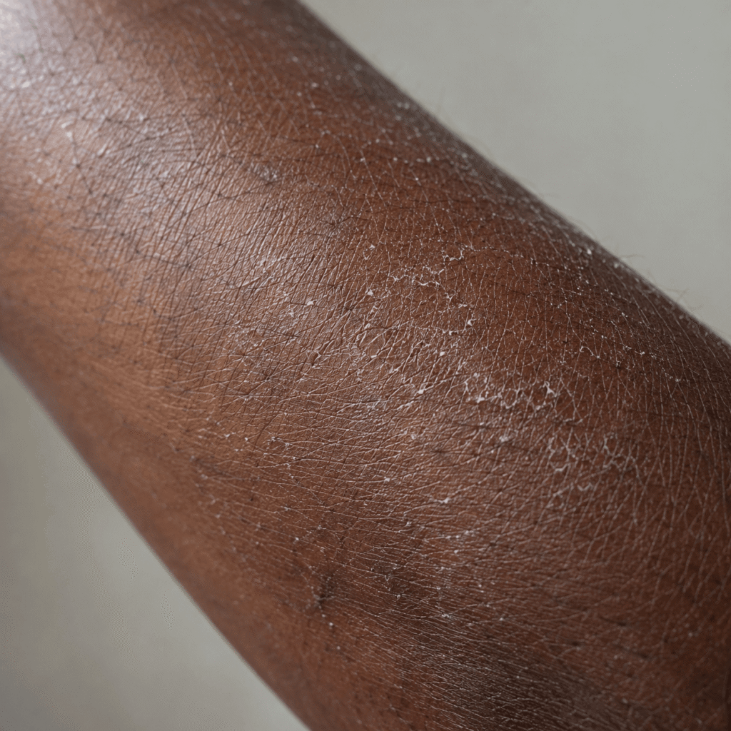 Harmattan Skin: 7 Everyday Habits That Are Making Your Dry Skin Worse 2 Close-up of a patch of dry skin on a person’s arm, showing signs of Harmattan skin.