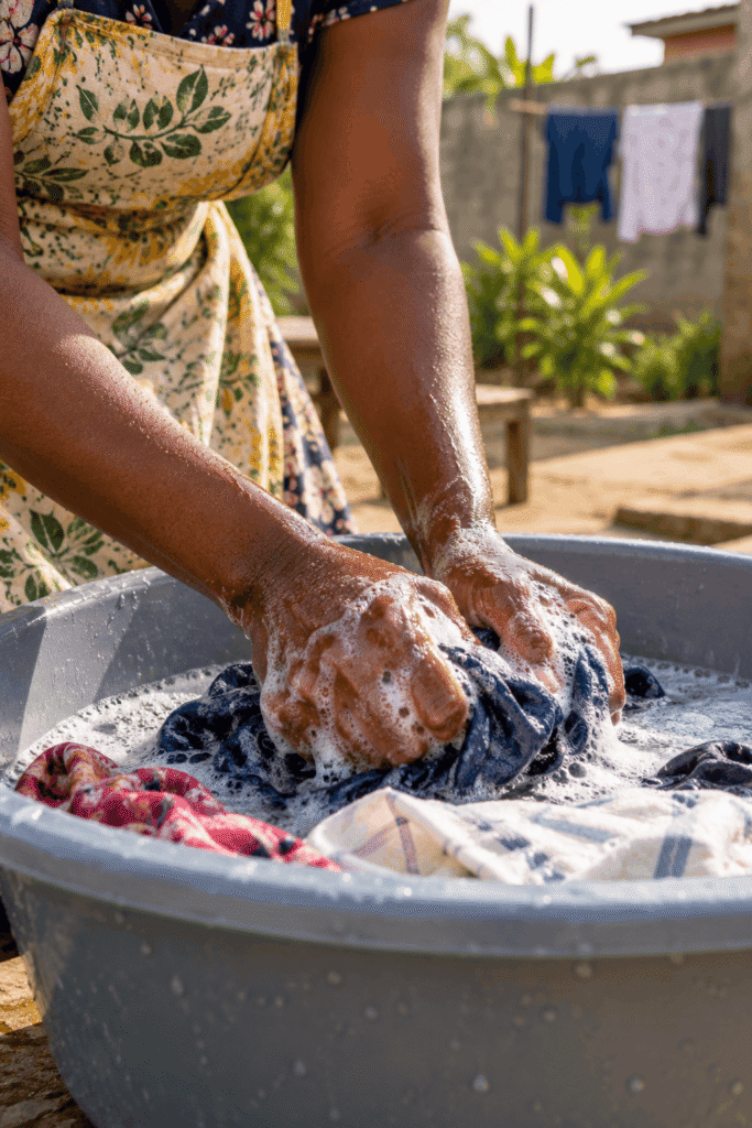 Why Are My Knuckles Darker Than the Rest of My Hands? 3 A person with hyperpigmentation on their hands wears a floral apron while hand-washing laundry in a large plastic basin filled with soapy water.