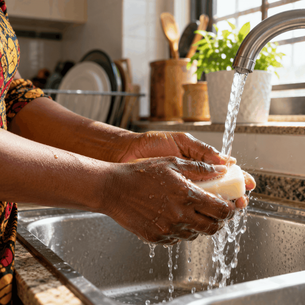 Why Are My Knuckles Darker Than the Rest of My Hands? 5 Hands with hyperpigmentation on the knuckles lathering a bar of soap under a running kitchen faucet.