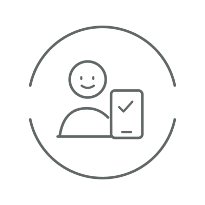 Line art icon of a smiling person next to a smartphone with a checkmark on the screen, enclosed in a circle. Line art icon of a smiling person next to a smartphone with a checkmark on the screen, enclosed in a circle.