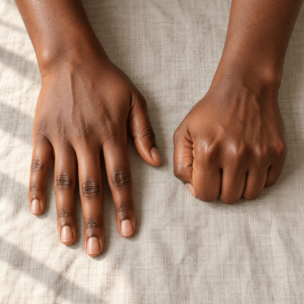 Why Are My Knuckles Darker Than the Rest of My Hands? 2 A pair of dark-skinned hands on a textured surface, one resting open and one in a fist, showing characteristic hyperpigmentation on the knuckles.