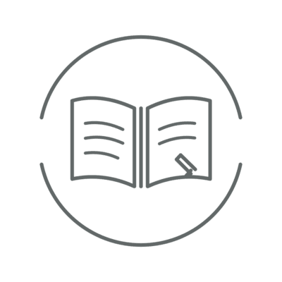 Line icon of an open book with a pencil inside a circle. Line icon of an open book with a pencil inside a circle.
